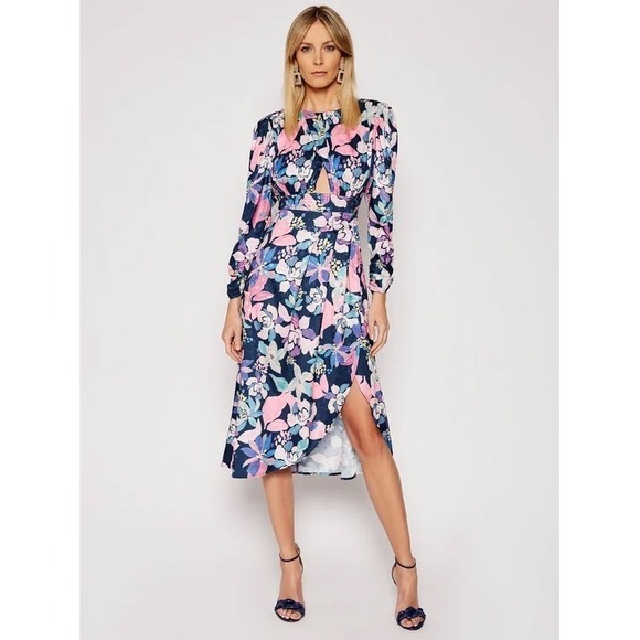 For Love And Lemons Dresses & Skirts - NWT For Love & Lemons Victoria Satin Floral Midi Dress Navy Pink Long Sleeve M